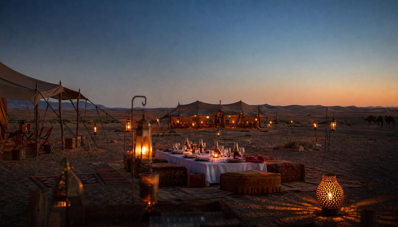Luxury desert camp in the Sahara near Marrakech at sunset with lanterns