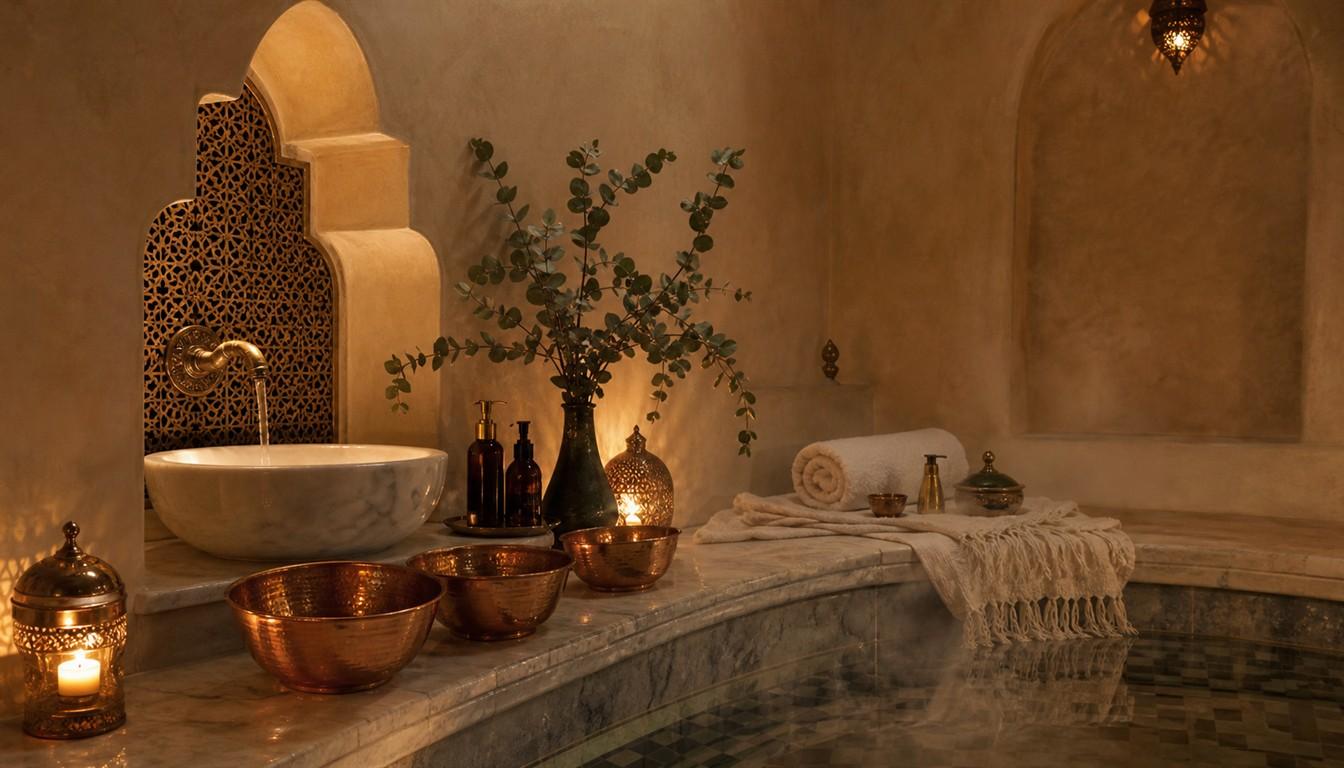Luxurious Moroccan hammam spa interior with marble, candles and lantern light