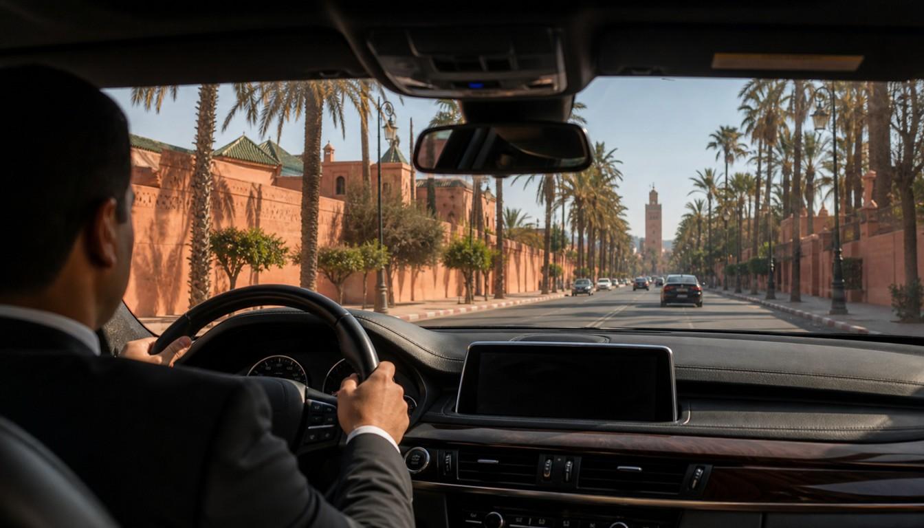 Private chauffeur opening a luxury car door in front of a Marrakech riad