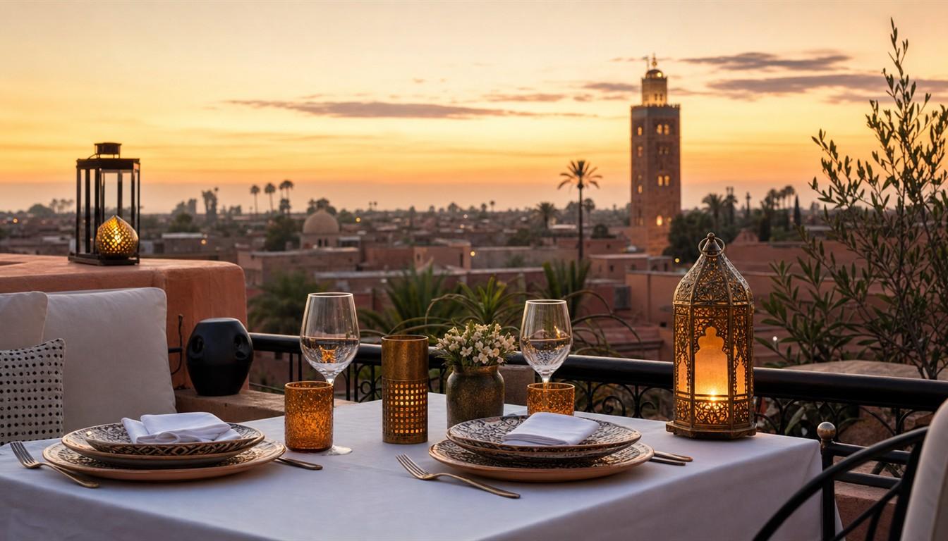 Elegant Marrakech rooftop restaurant at sunset with lanterns and candles