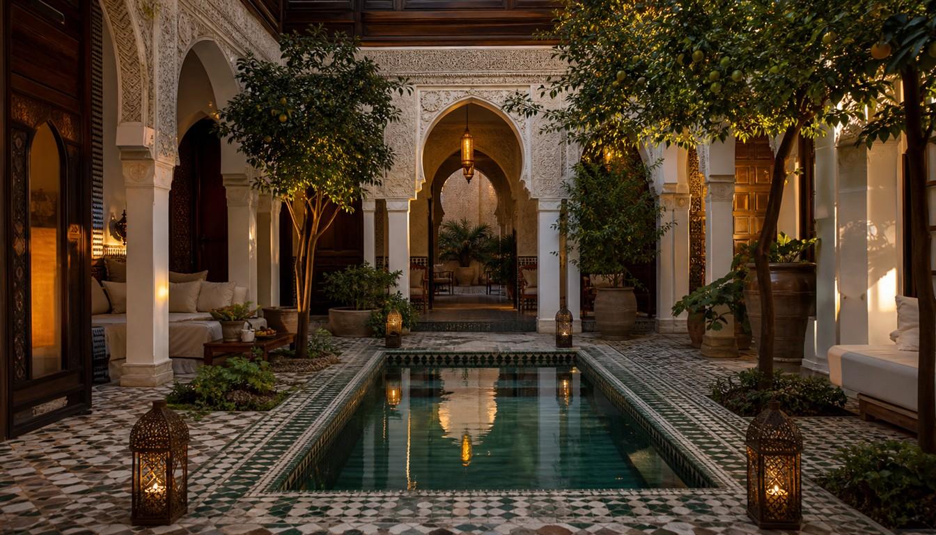 Luxury Moroccan riad courtyard with pool, zellige tiles and carved arches